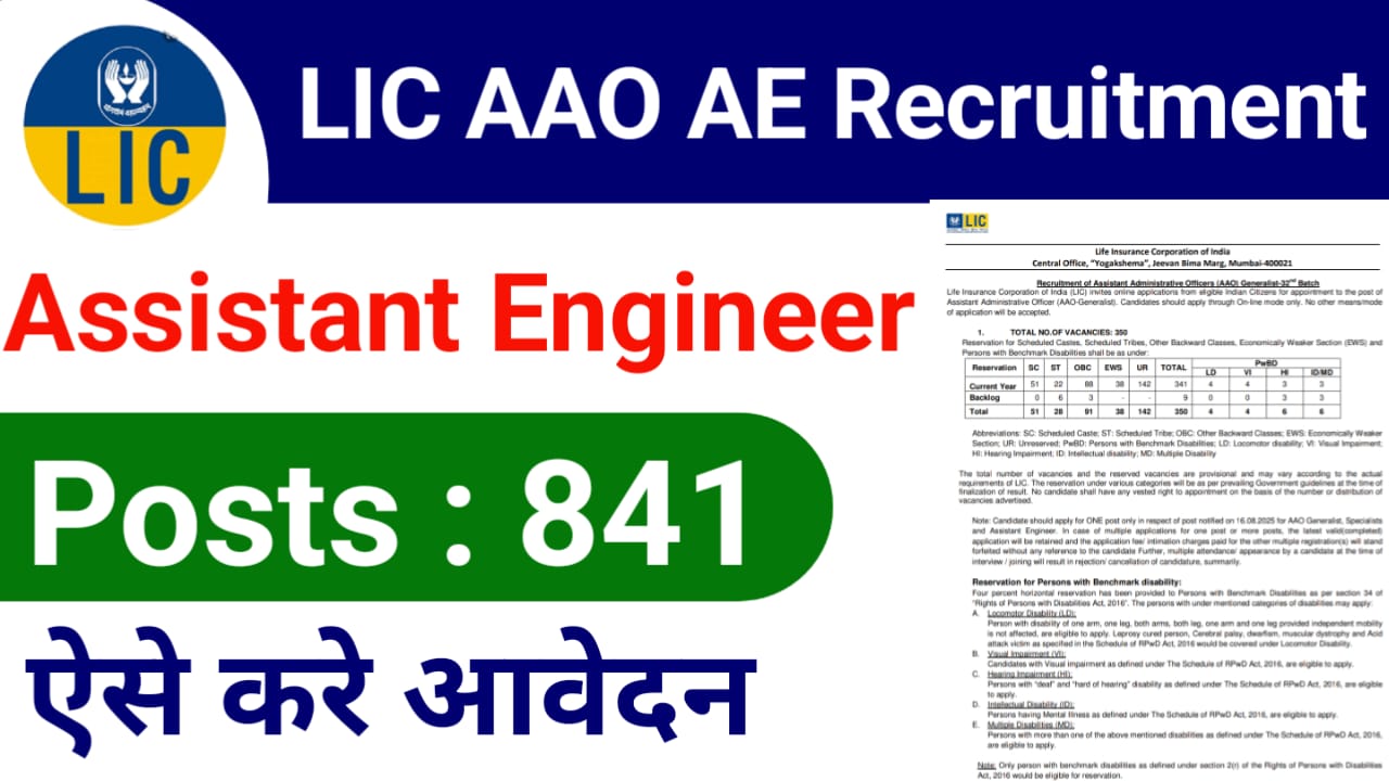 LIC AAO AE Recruitment 2025: 841 पदों के लिए आवेदन शुरू, योग्यता से लेकर चयन प्रक्रिया तक सब कुछ जानें यहां!