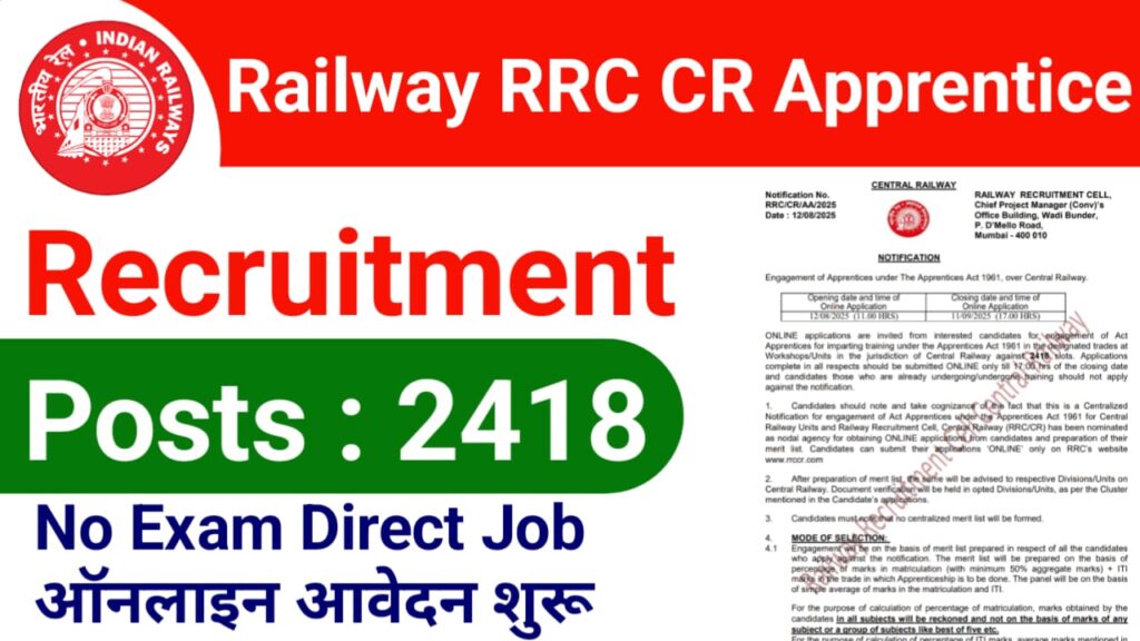 Railway RRC CR Apprentice Recruitment 2025: बिना परीक्षा पाएं 10वीं पास के लिए शानदार मौका